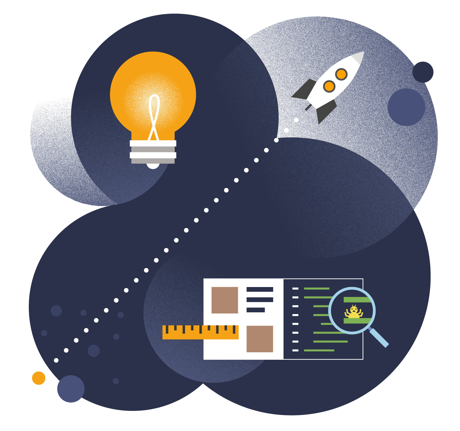 Collage with light bulb, rocket, and code inspection